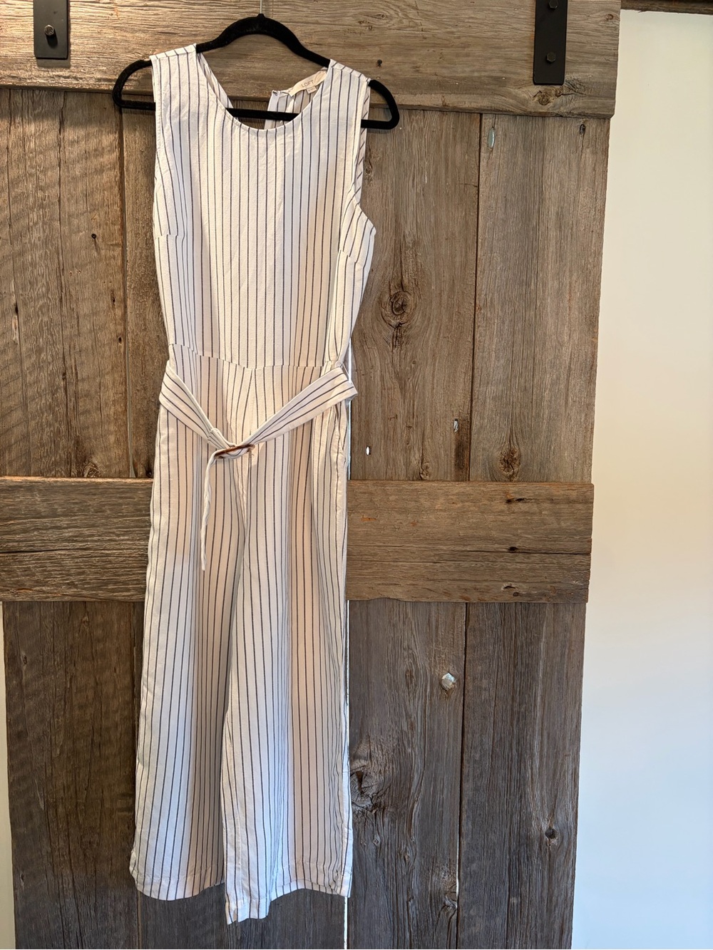 LOFT White Jumpsuit with Black Pinstripes